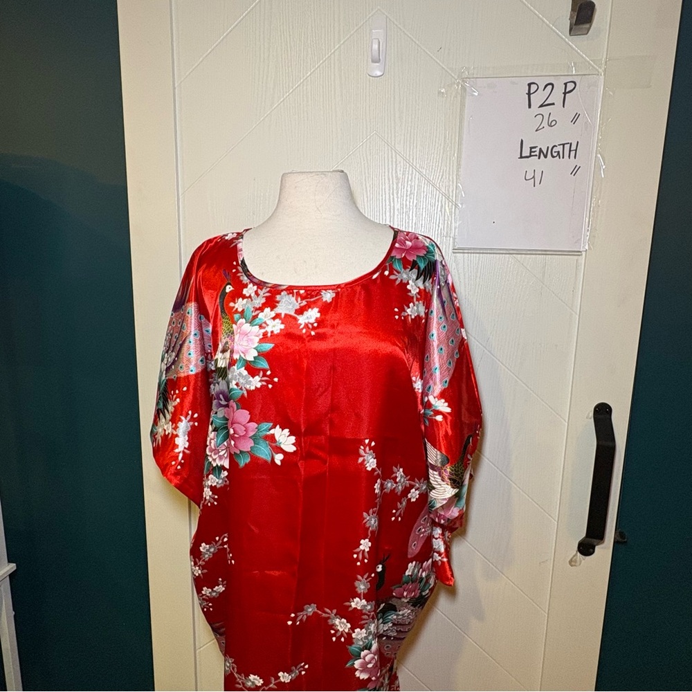 Cool Art Red Satin Kaftan Loungewear Peacock Floral Kimono Maxi Dress Boho Mumu - Picture 2 of 8